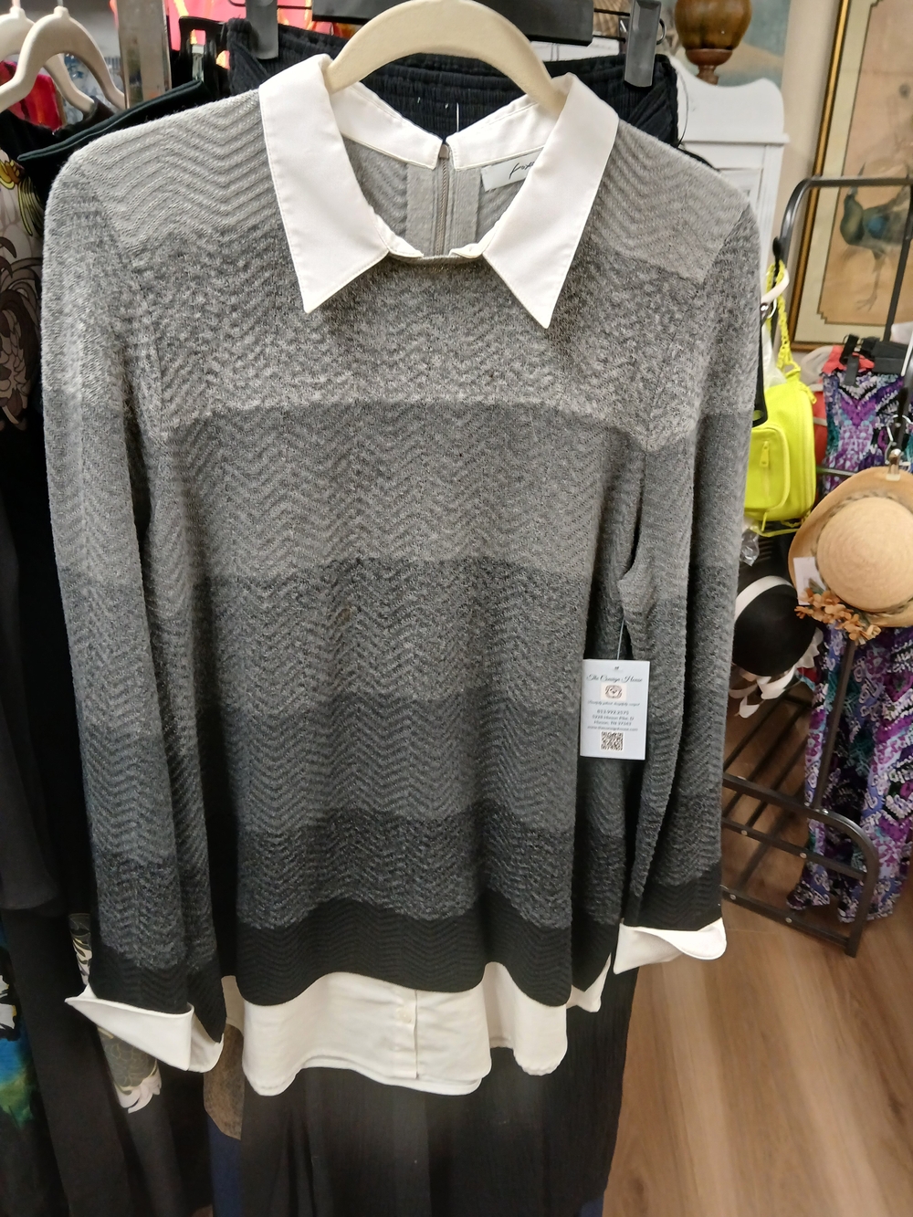 Foxcroft Gray Ombre Crew Sweater with White Collar